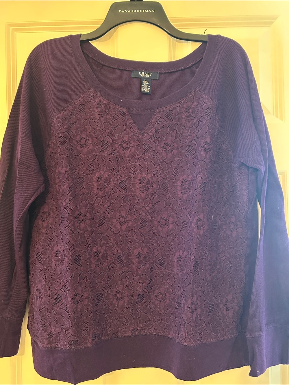 Chaps Women's Deep Purple Lace-Front Scoop Neck Sweater